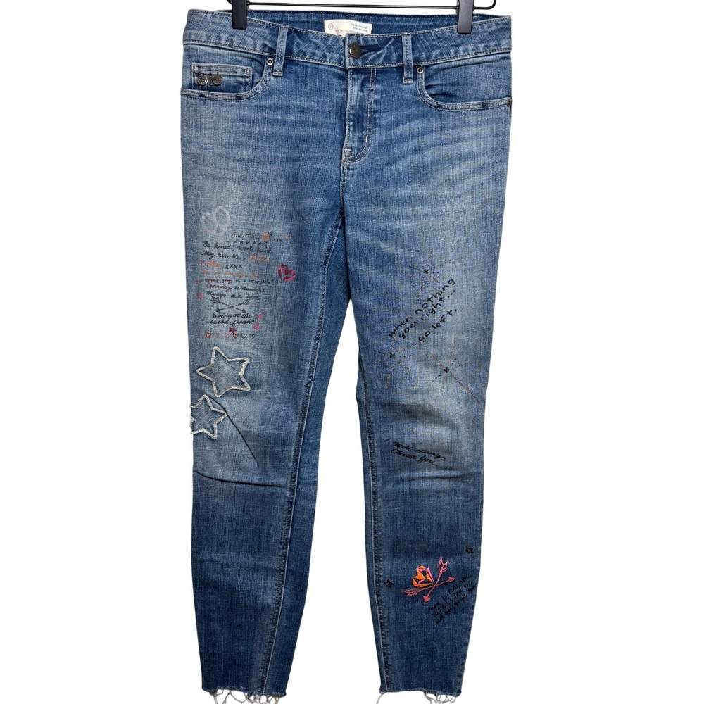 Odd‎ Molly Blue Hand Doodle Frayed Hem Embroidered Denim Skinny Jeans Womens 28